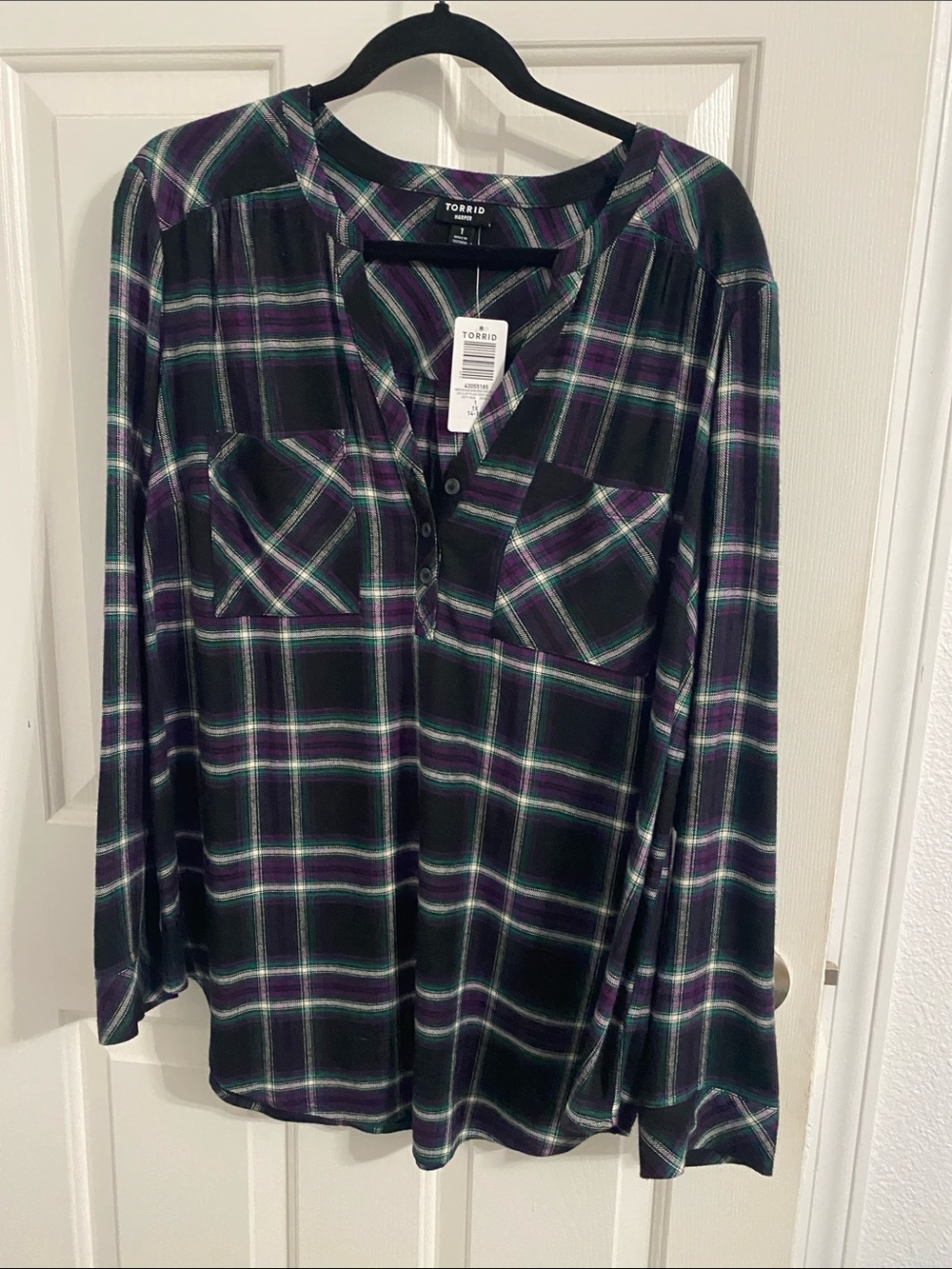 torrid Harper Black Plaid Henley Button-Front Top with Purple & Green